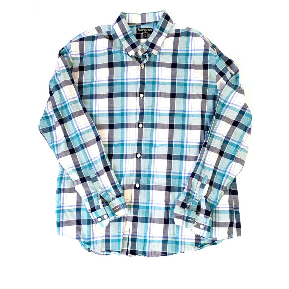 Express Modern Fit Mens XXL Teal Navy Blue White Plaid Button Shirt Long Sleeve